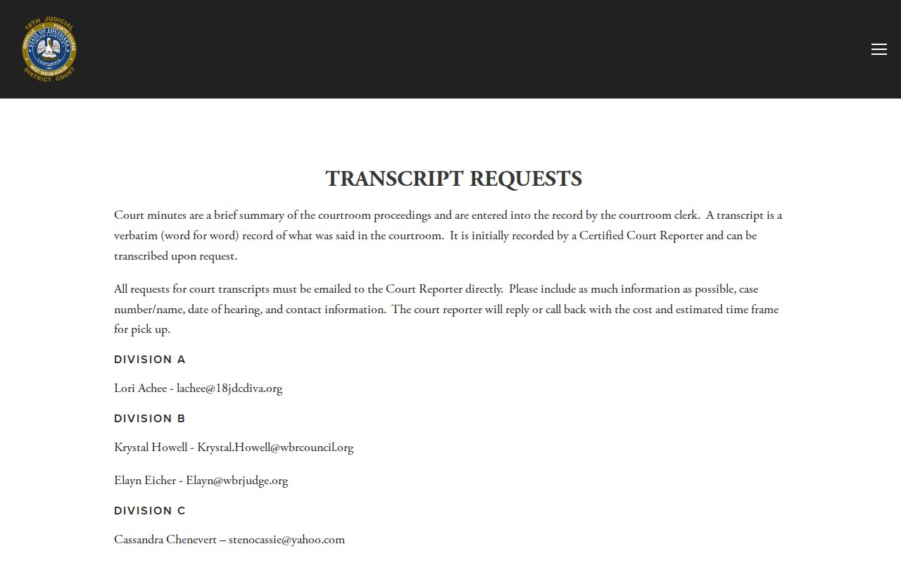 New Roads court docket transcript request and court record information