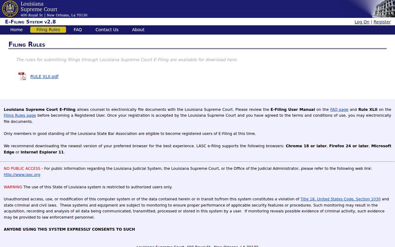 Pointe Coupee case search e-filing rules portal notice