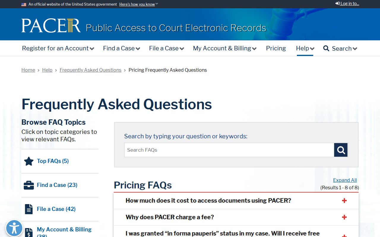 Pointe Coupee case search PACER pricing information for federal court dockets