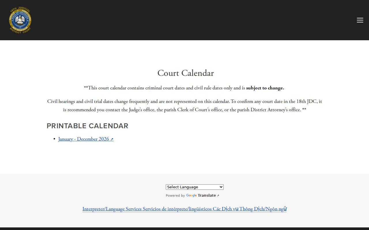 Pointe Coupee court calendar notice from the 18th Judicial District Court