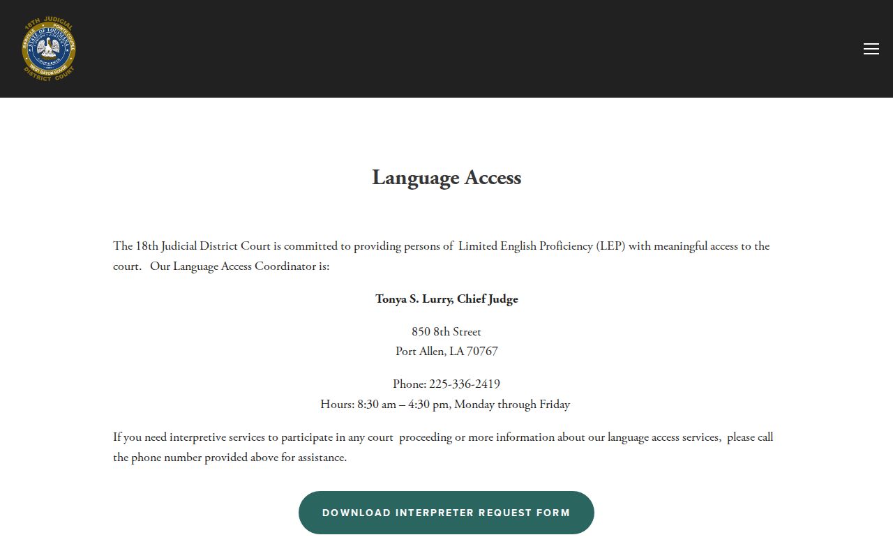 Pointe Coupee court calendar interpreter access request information