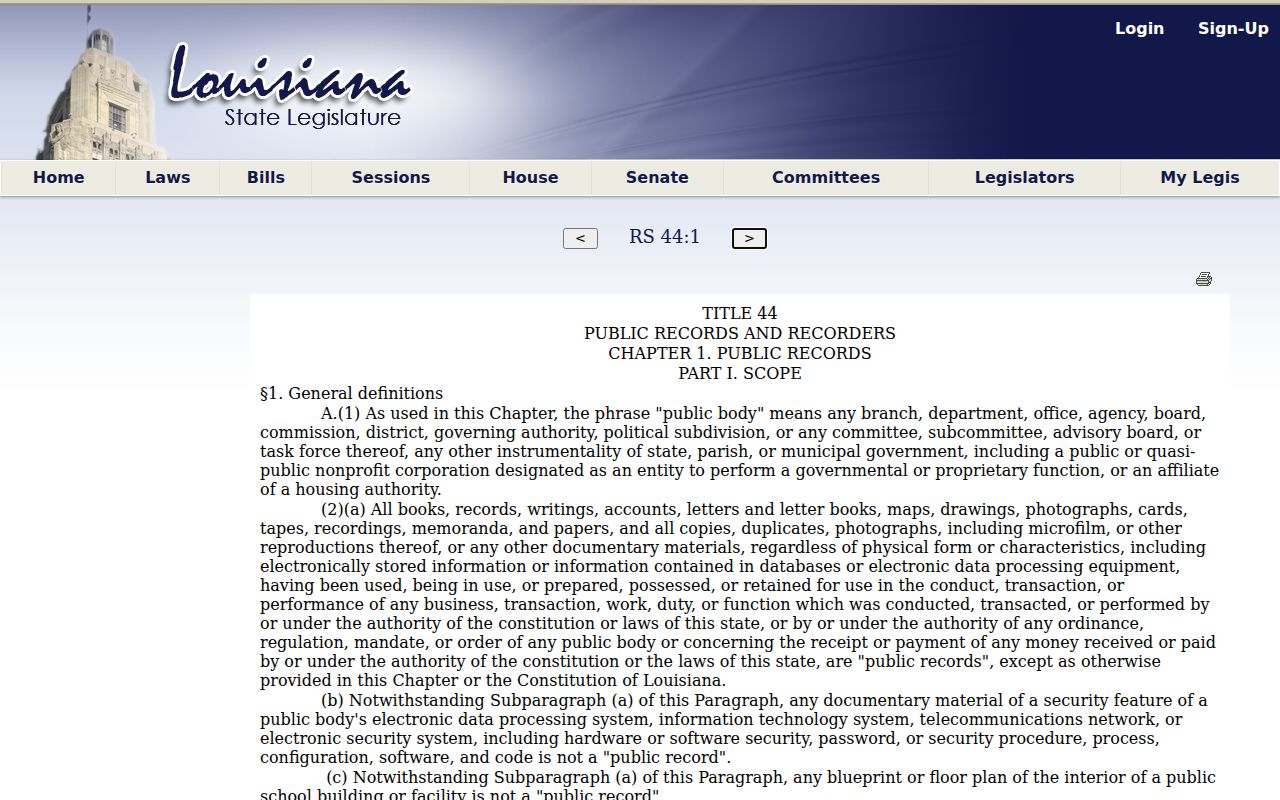 Pointe Coupee Parish court records Louisiana Revised Statutes 44:1 public-record definition