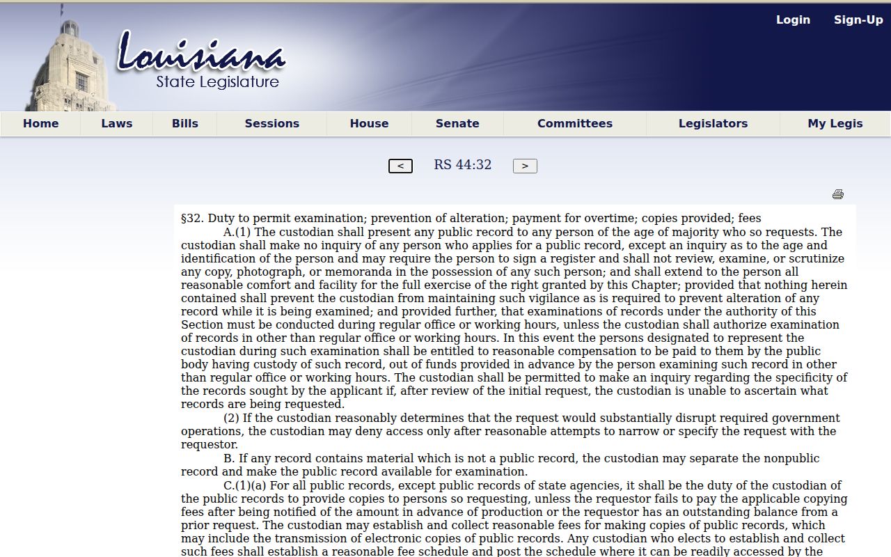 Pointe Coupee Parish court records Louisiana Revised Statutes 44:32 custodian procedures