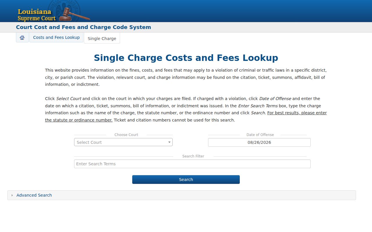 Pointe Coupee Parish traffic court records charge-code search fields
